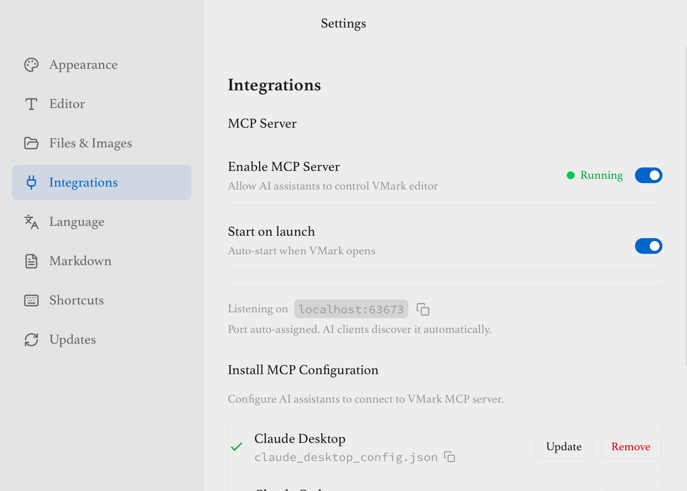 VMark MCP Server Settings