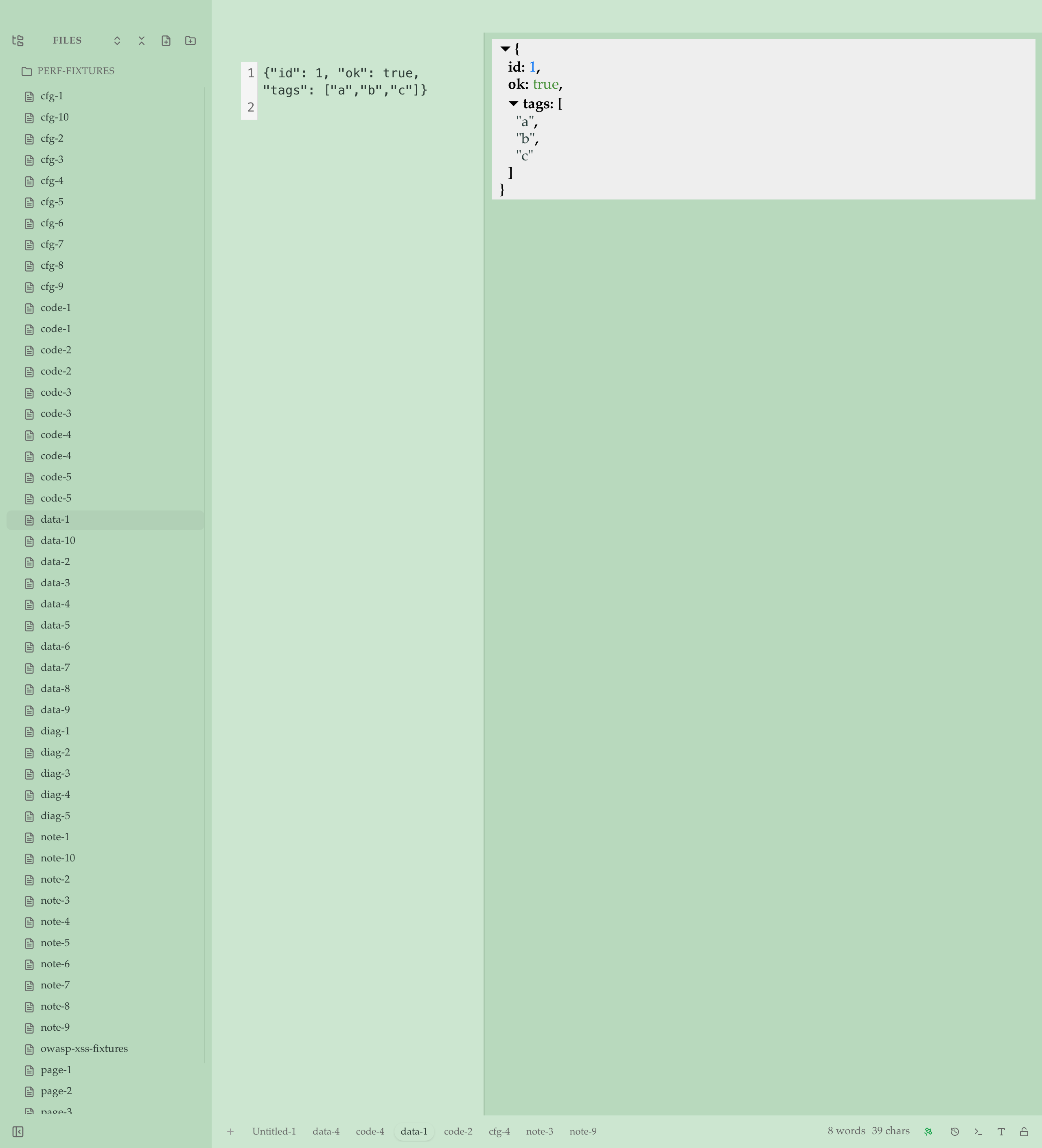 JSON — source pane plus navigable tree, parse-error gutter on the left margin
