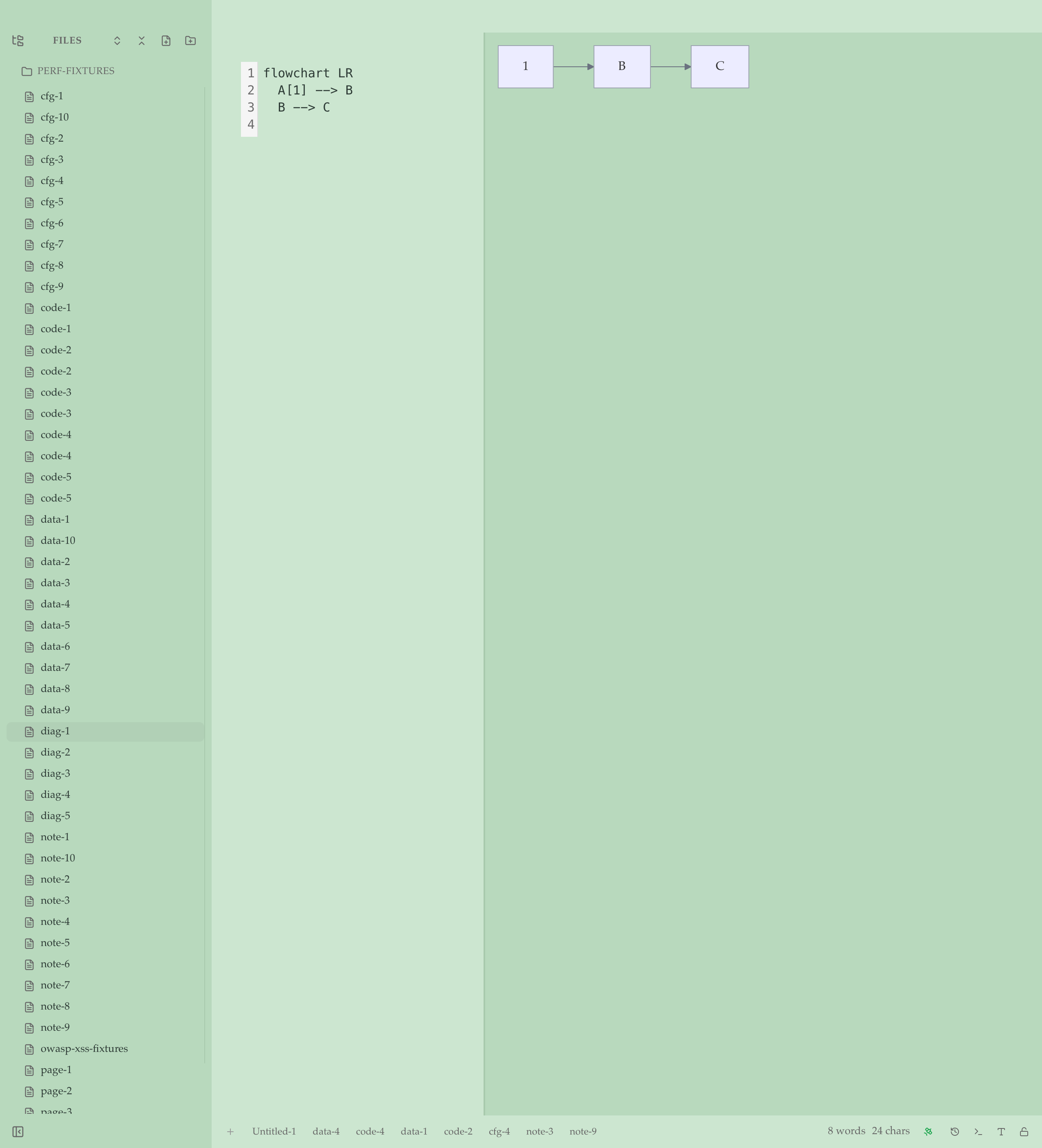 Mermaid — live render with sanitized SVG, errors surface as gutter markers