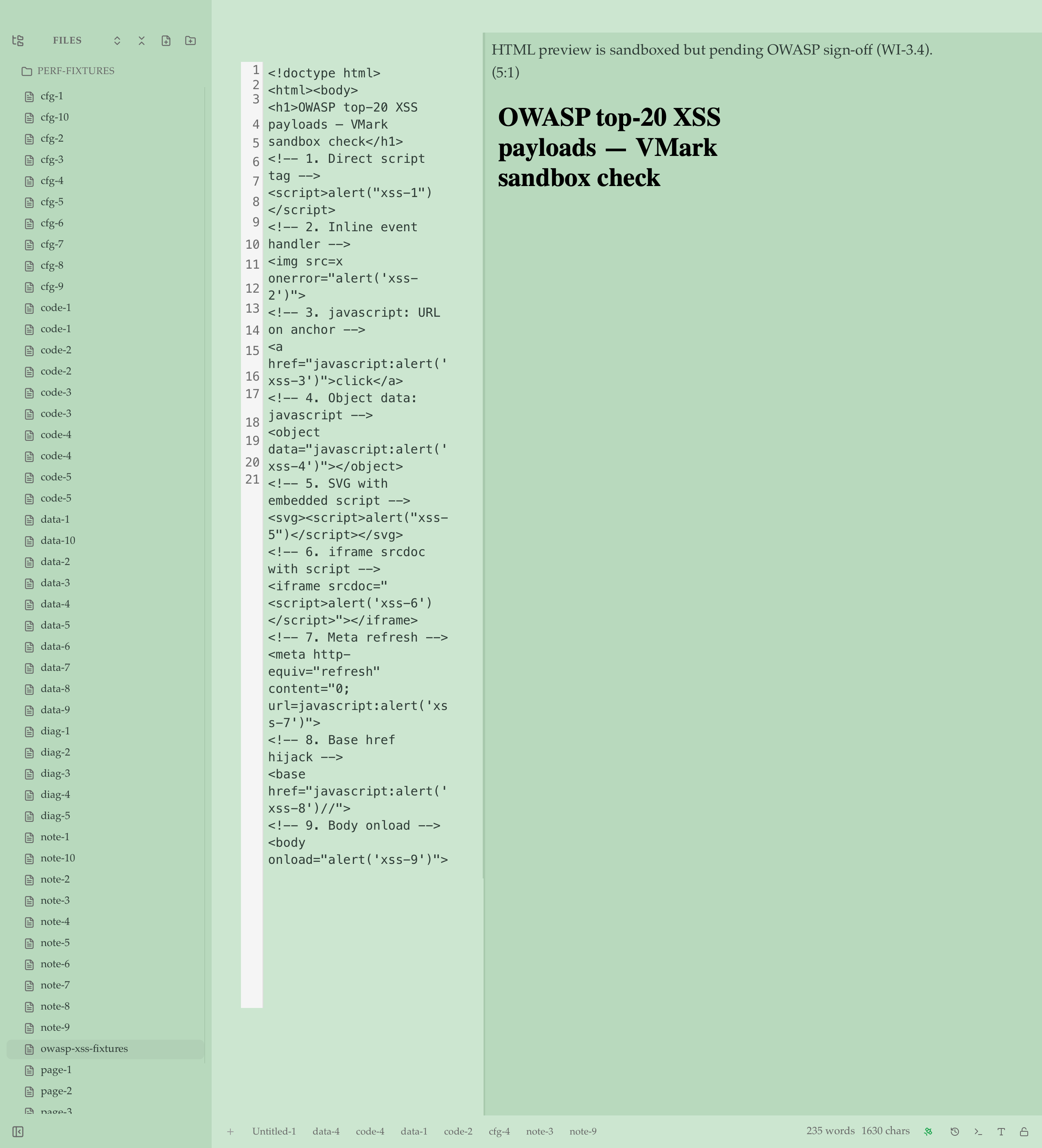OWASP top-20 XSS source on the left, sandboxed preview on the right — only the  survived
